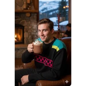 Vintage Slalom Ski Sweater 1980"s Multicolor Geometric Crew Neck Size Large